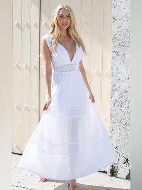 Cotton Natural White Boho Maxi Dress M Lace Smocked Waist Mini Lined Cottagecore